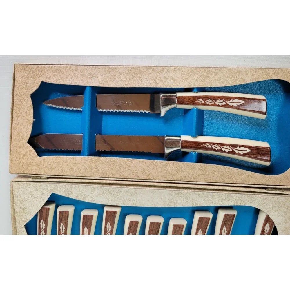 Vtg Regent‎ Sheffield 19 Piece Cutlery Presentation Knife Set England Brown Leaf